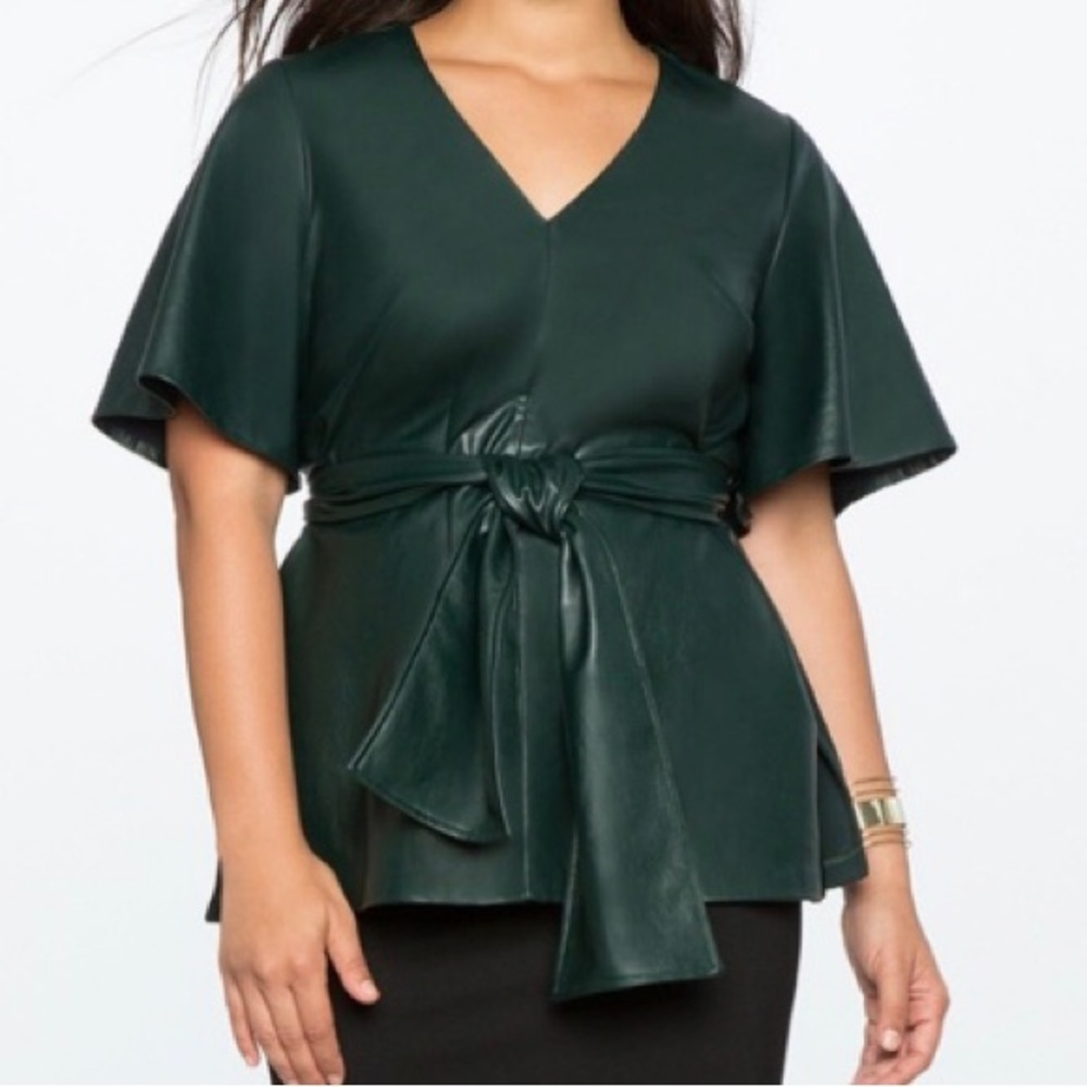 ELOQUII TOP FAUX LEATHER DARK GREEN SEXY V-NECK SHORT SLEEVE WITH MATCHING SASH
